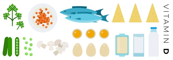 Vitamine D aliments vecteur icônes plates ensemble avec du lait, poisson . — Image vectorielle