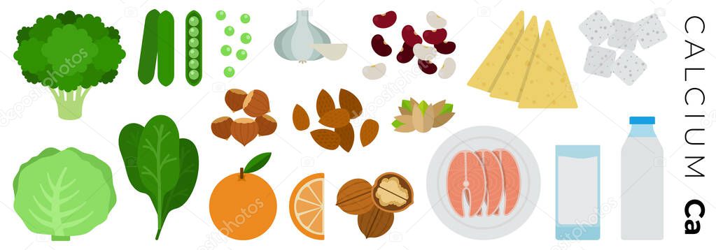 Vitamin Calcium foods vector flat icons set.