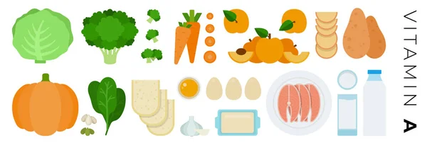 Vitamina A alimentos vetor ícones planos conjunto com leite, salmão, cenoura . — Vetor de Stock