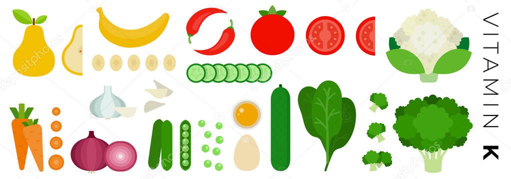 Vitamin K foods vector flat icons set with cauliflower and cucumber .