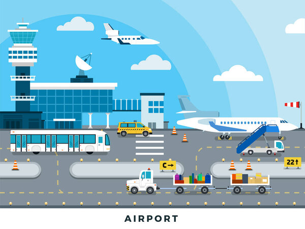 International airport terminal vector flat illustration.