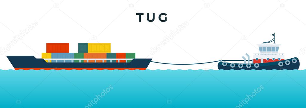 Tugboat designed to tow other vessels and container ship with containers vector icon flat isolated.