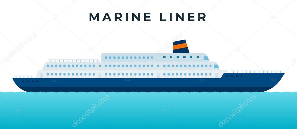 Marine liner, cruise ship making a tourist voyage and carrying passengers vector icon flat isolated.
