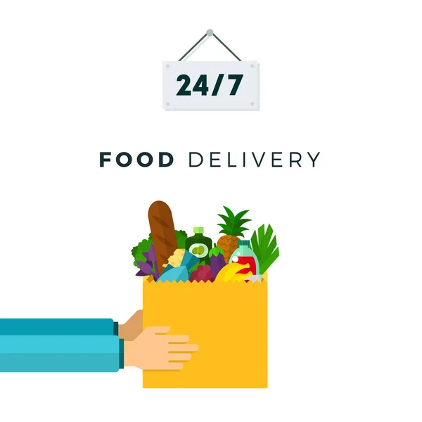 Gıda dağıtım hizmeti 24 saat vektör düzlüğü izole — Stok Vektör