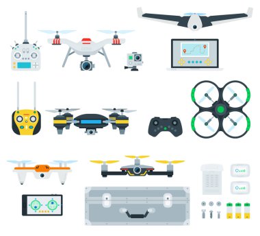 Düz bir dizayn içinde kontrol panelleri vektör illüstrasyonuna sahip farklı dronlar kümesi