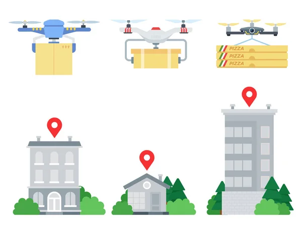 Quadcopters com carga entregar as mercadorias para o endereço ilustração vetorial em um projeto plano — Vetor de Stock