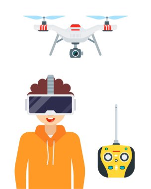 Genç adam düz dizaynlı bir kuadkopter vektör illüstrasyonunu uzaktan kontrol ediyor..