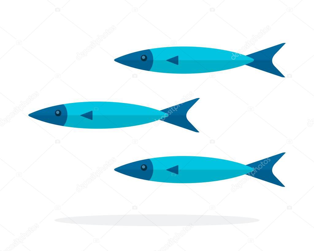 Three thin blue fish vector icon flat isolated.