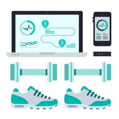Spor ekipmanları, uygulama aletleri ve ayakkabılar Fitness izleyici vektör simgesi düz izole.