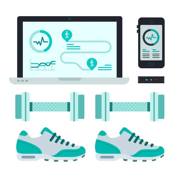 Conjunto de equipamentos esportivos, gadgets de aplicativos e sapatos Fitness Trackers vetor ícone plana isolada . — Vetor de Stock