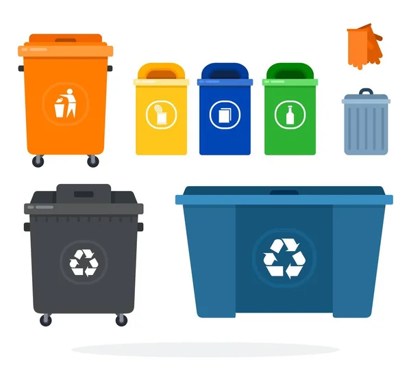 Conjunto de contenedores de basura para el reciclaje, diferentes formas, tamaños, colores vector icono plano aislado . — Vector de stock