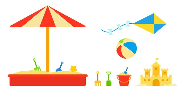 Bac à sable pour enfants avec jouets et parasol — Image vectorielle