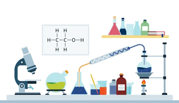 Laboratório de química ou biologia de pesquisa design plano ilustração vetorial . —  Vetores de Stock