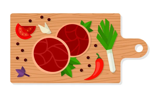 Viande et légumes sur une planche à découper vecteur plat isolé — Image vectorielle