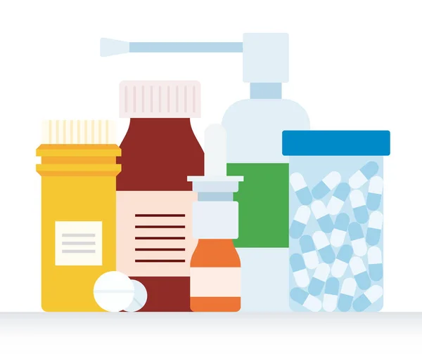Kit de medicamentos para el tratamiento de garganta, nariz y resfriado. Frascos de plástico con píldoras, aerosol nasal y aerosol para inhalación . — Vector de stock