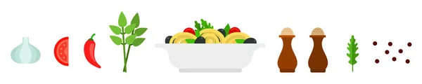 Imposta gli ingredienti per cucinare le icone vettoriali della pasta in stile piatto . — Vettoriale Stock