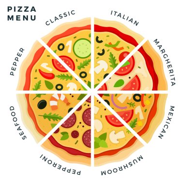 Farklı pizza türleri vektör illüstrasyonunu şekillendirir. Restoran pizza menüsü İtalyan, margarita, Meksika, mantar, biber, deniz ürünleri, biber.