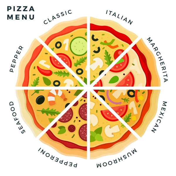 Farklı pizza türleri vektör illüstrasyonunu şekillendirir. Restoran pizza menüsü İtalyan, margarita, Meksika, mantar, biber, deniz ürünleri, biber.
