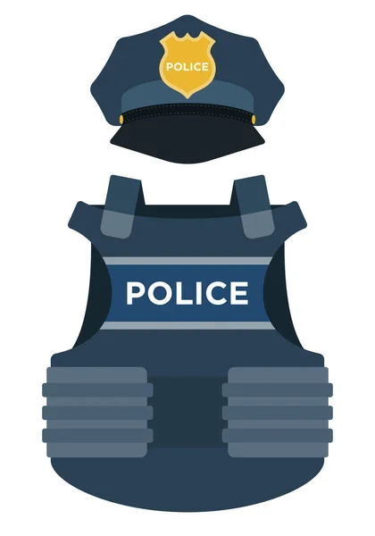 Einheitliches Element einer Polizeimütze und Körperpanzersymbol flach isoliert. — Stockvektor