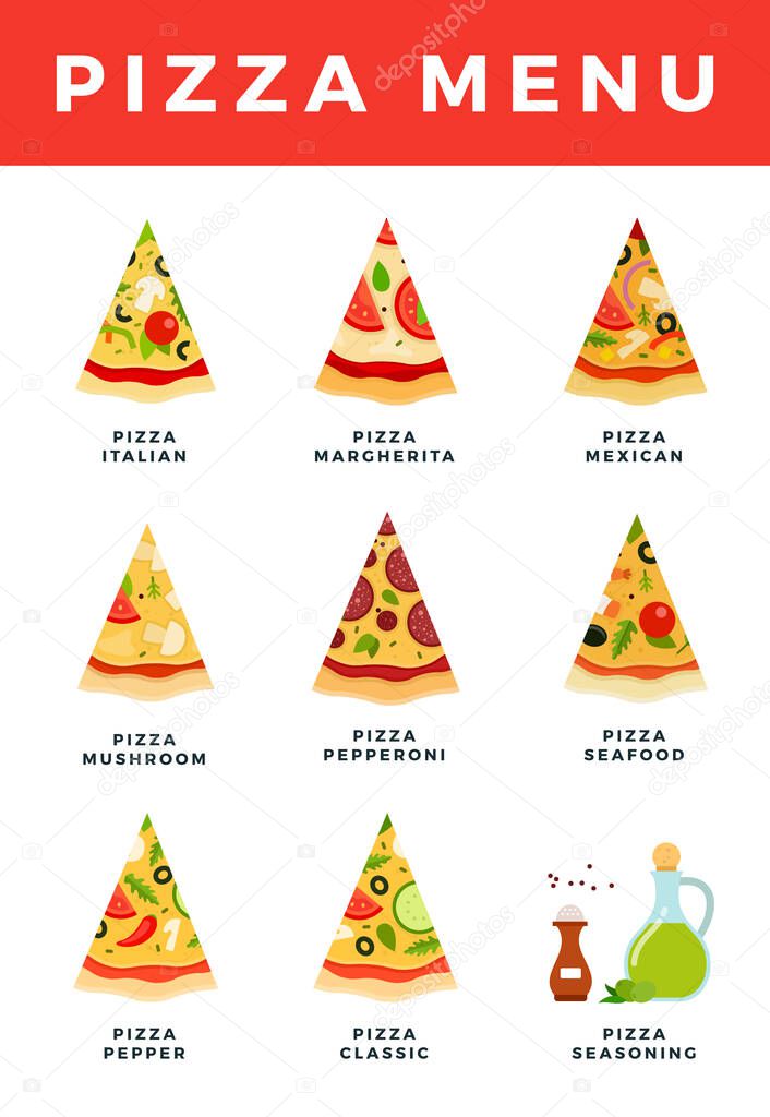 Pizza menu vector flat icons set with Italian, Margherita, Mexican, Mushroom, Pepperoni, Seafood, Pepper, Classic pizza section. Isolated on white