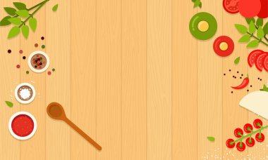 Pizza margherita pişirmek için malzemelerle dolu bir yer. Vektör düz çizimler.