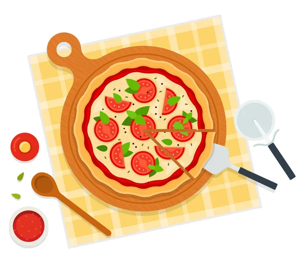 Ronda caliente deliciosa pizza margherita. Ilustración vectorial en estilo plano aislado sobre fondo blanco . — Vector de stock