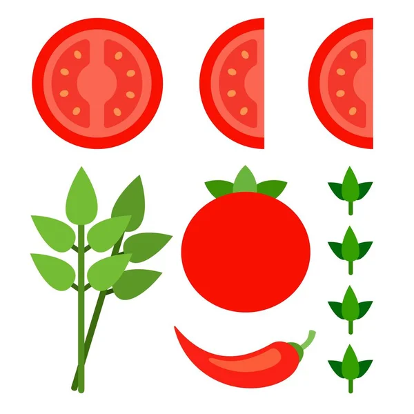 Set di fette tagliate di pomodoro, peperoncino, foglie verdi vettoriale icona piatta isolato — Vettoriale Stock