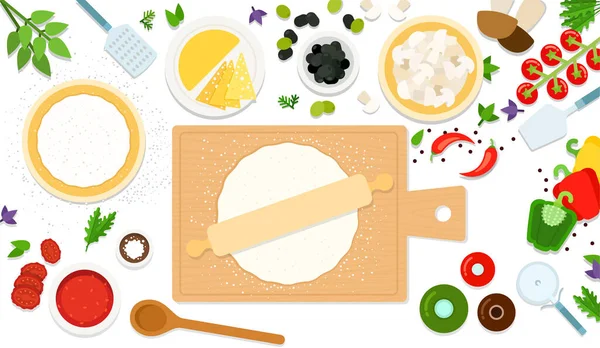 Zutaten und Werkzeuge zum Kochen von Pizza. Vektor flache Illustrationen isoliert auf weißem Hintergrund. — Stockvektor