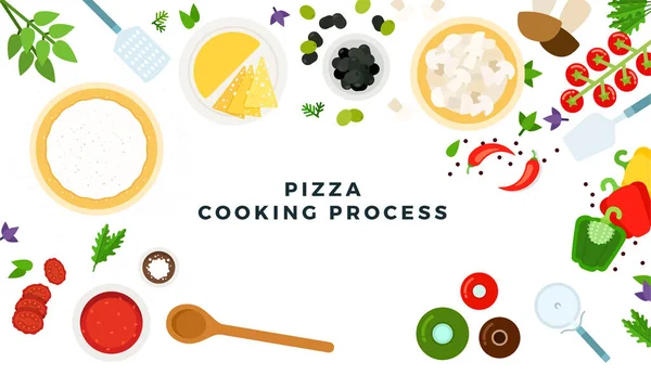 Pizza proceso de cocción vector ilustraciones planas. Productos y herramientas para cocinar pizza con espacio para texto . — Archivo Imágenes Vectoriales
