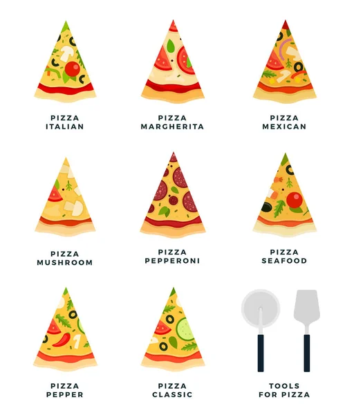 Imposta icone piatte vettoriali con diverse varietà di pizza. Attrezzi per pizza. Vista dall'alto . — Vettoriale Stock