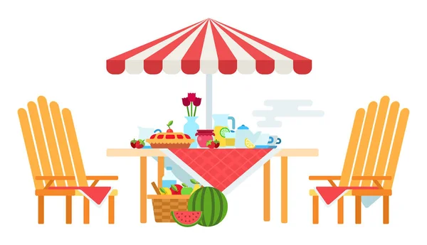 Ilustracja letniego stołu piknikowego i krzeseł pod ikoną wektora parasola płaskie izolowane — Wektor stockowy