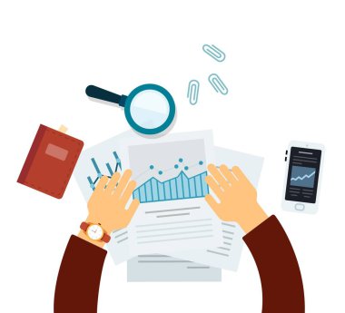 Düz vektör simgesi iş yeri belgeleri, kağıtlar, ofis malzemeleri üst görünüm.