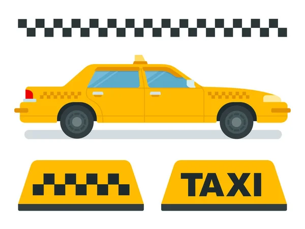 Koncept taxi, žluté auto, kostkované taxi vektorové ikony v plochém designu. — Stockový vektor