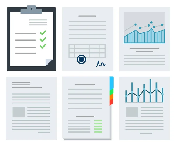 Définir les icônes vectorielles des documents d'affaires avec des graphiques, des graphiques et des timbres dans le design plat. — Image vectorielle