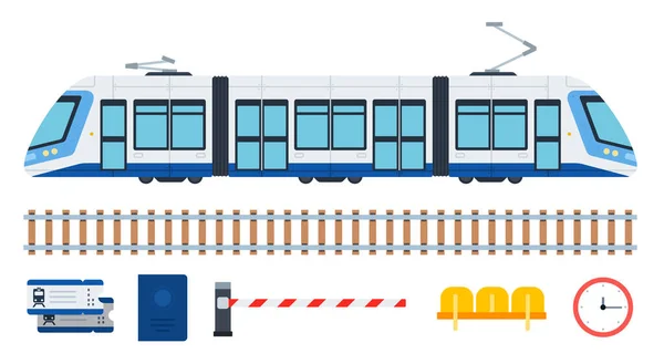 Eléctrico de passageiros da cidade moderna e seus elementos ilustração vetorial em design plano . — Vetor de Stock