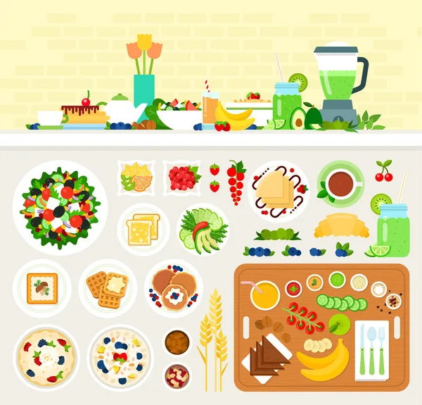 Vegetarische gezonde ontbijt vector illustratie in plat ontwerp. — Stockvector