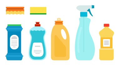 Detergents for unwashed dishes, kitchen vector illustration in flat design. clipart