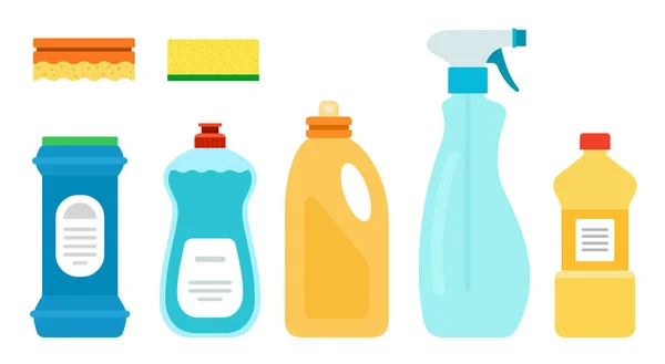 Detergents for unwashed dishes, kitchen vector illustration in flat design. — Stock Vector