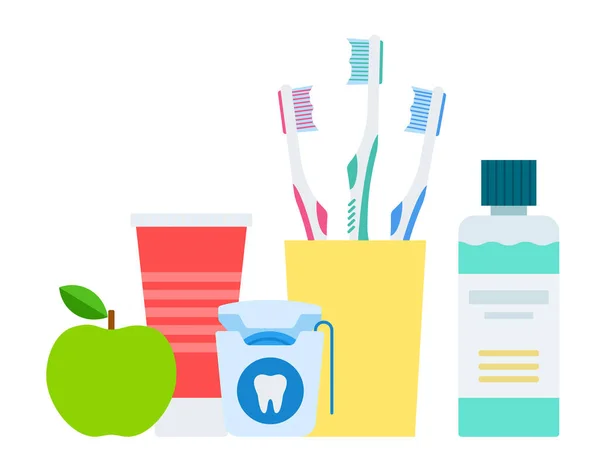 Ilustración vectorial de productos para el cuidado dental y oral en un diseño plano — Vector de stock