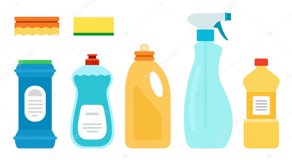 Detergents for unwashed dishes, kitchen vector illustration in flat design.