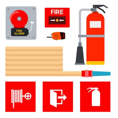 Yangın alarmı ve yangın söndürme ekipmanları ve konum vektör illüstrasyonunun işaretleri