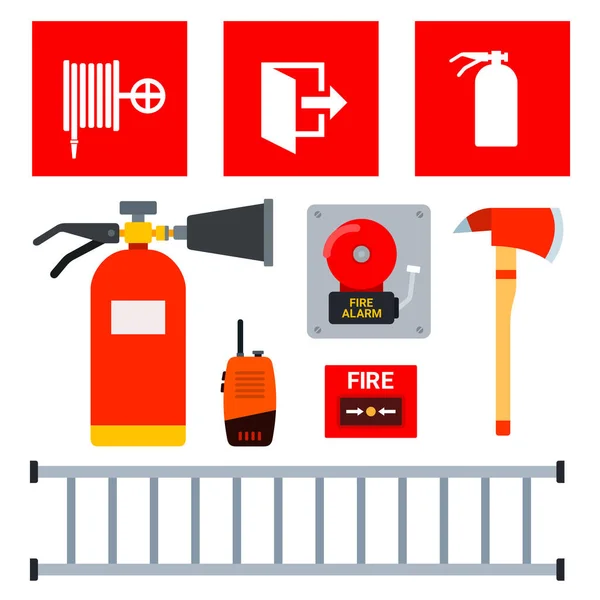 Conjunto de equipos de extinción de incendios y signos que indican su ubicación ilustración vectorial — Vector de stock