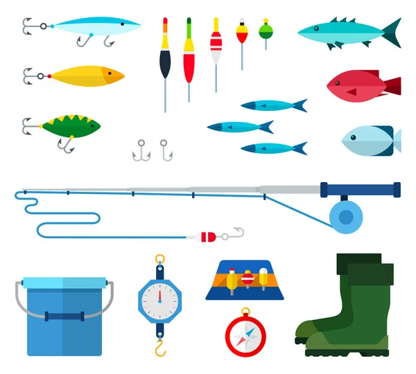 Soubor rybářského vybavení a různé druhy vektorové ilustrace ryb v plochém provedení. — Stockový vektor