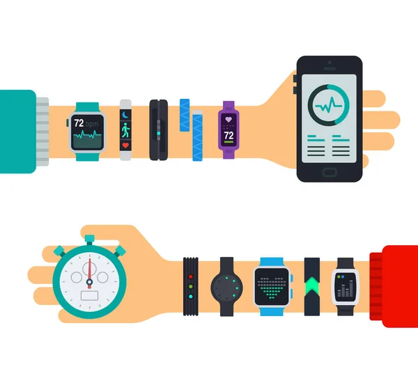 Deux mains avec une variété de traqueurs de fitness, un smartphone et une illustration vectorielle de chronomètre — Image vectorielle