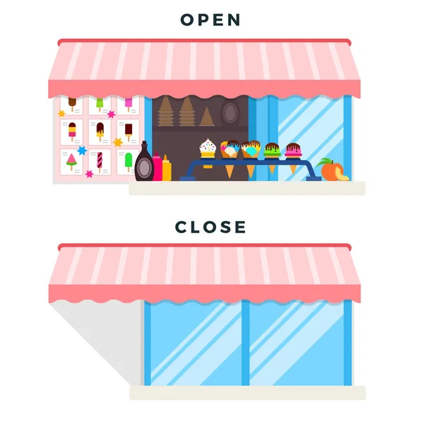 Obchod se zmrzlinou s otevřenou, uzavřenou vektorovou ilustrací v plochém provedení. — Stockový vektor