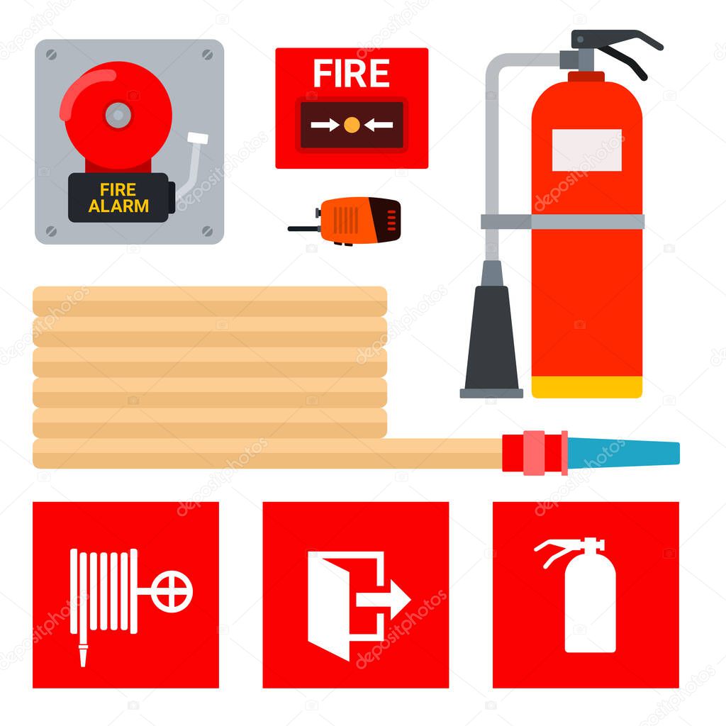 Set of equipment for fire alarm and extinguishing and signs of their location vector illustration