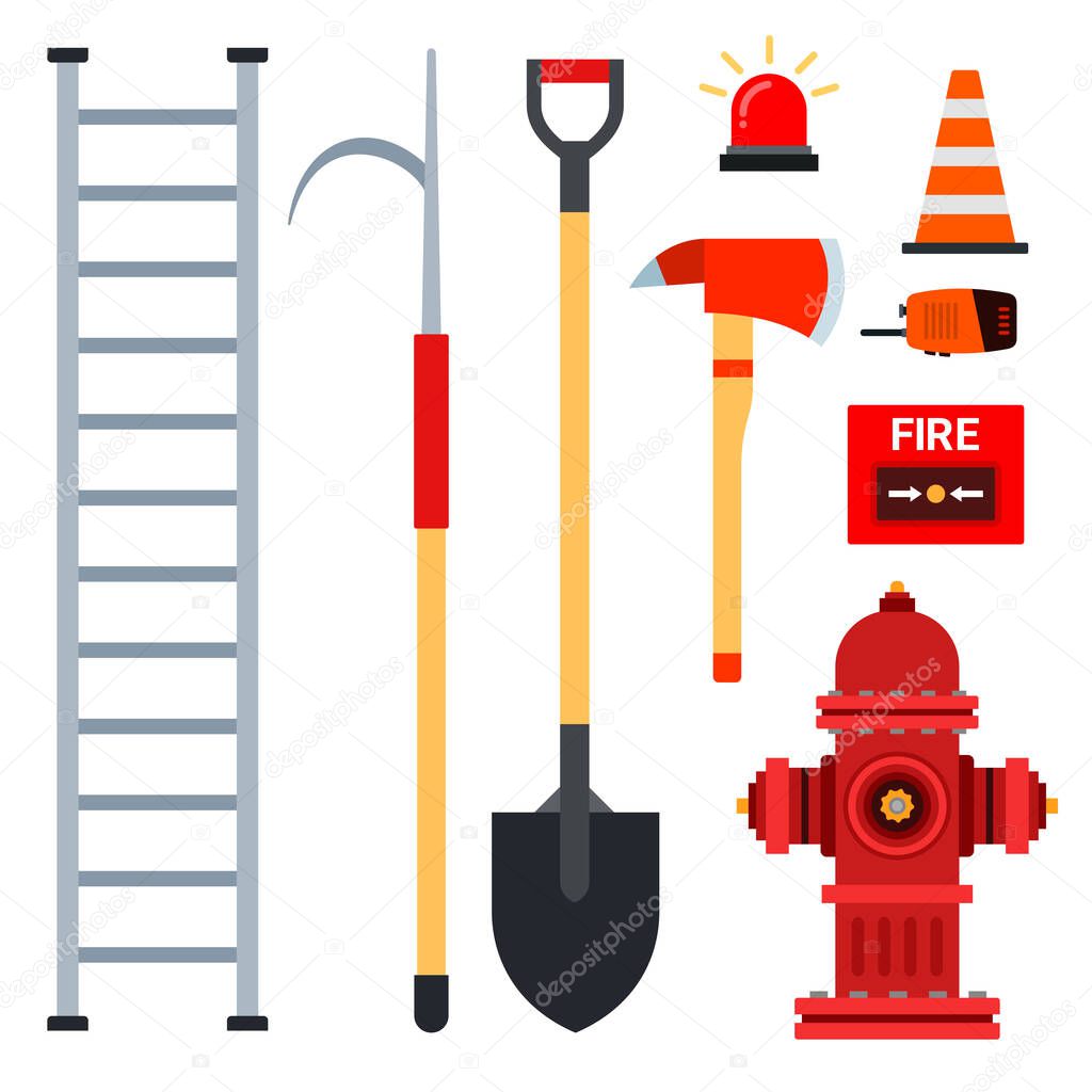 Set of firefighter equipment for fire fighting vector illustration in a flat design.