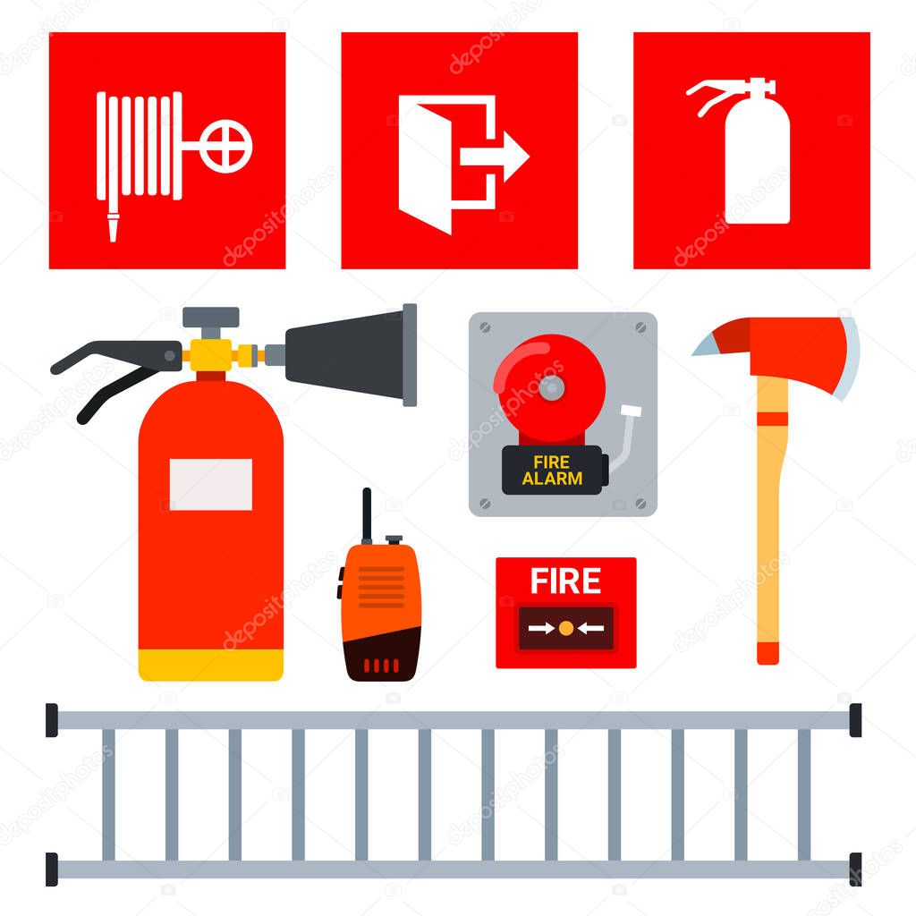 Set of fire fighting equipment and signs indicating their location vector illustration