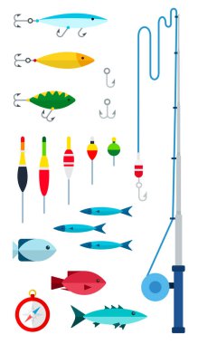 Fishing tools for the fisherman. Vector flat icons. Fishing as a hobby. clipart