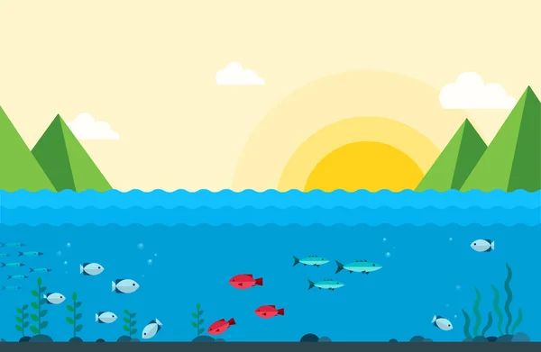 Fiske på älven vid soluppgången. Vektorplatta illustrationer. Naturlandskap i gul, blå färger. — Stock vektor